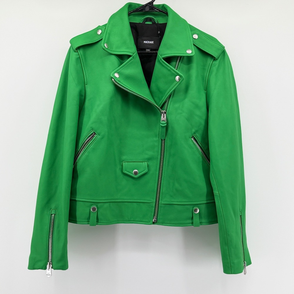 Mackage Baya Green Lambskin Leather Moto Biker Jacket Womens XL NEW Chlorophyll